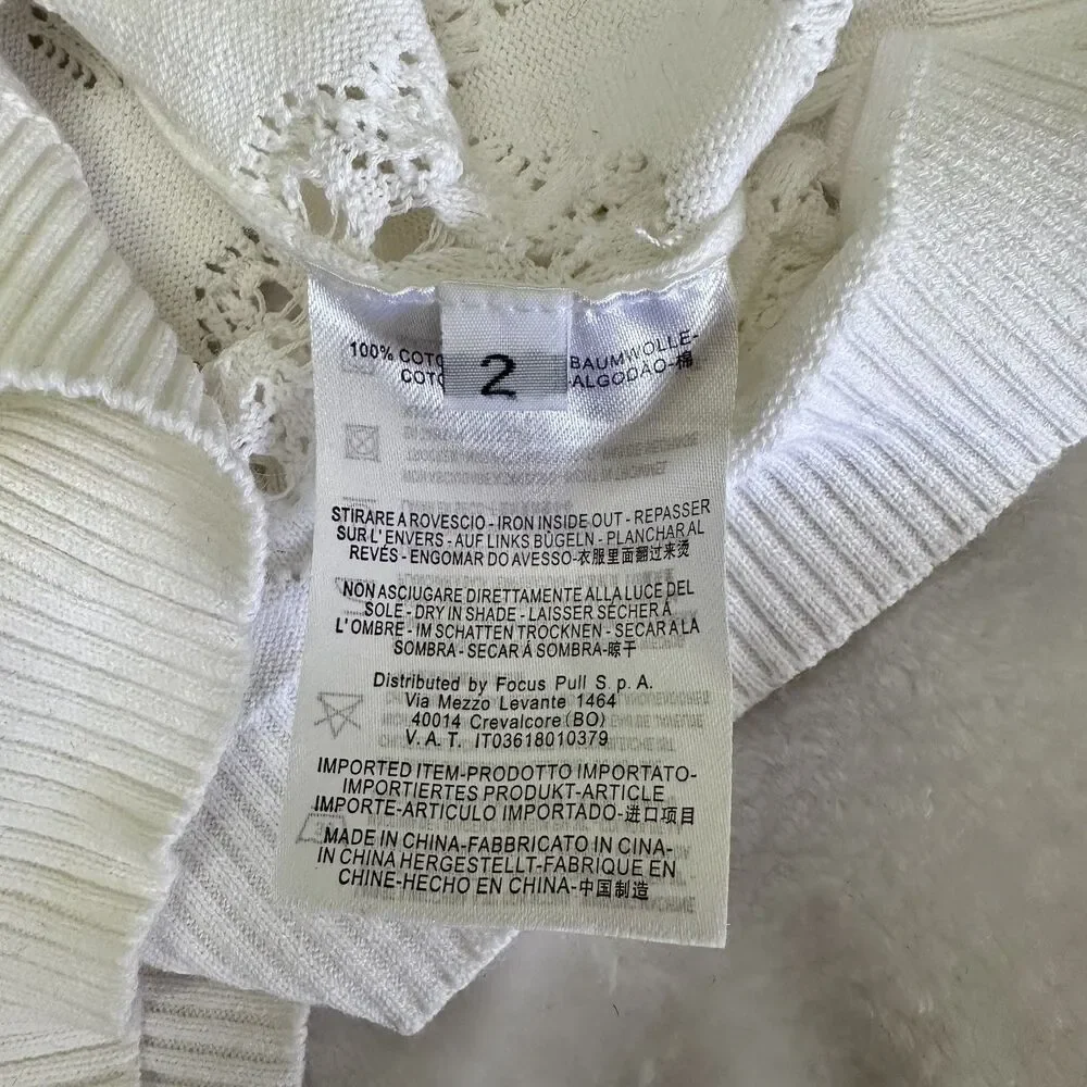 Fairly Blue Women White Eyelet Crochet Knit Cotton Short Sleeve Sweater Top Sz 2